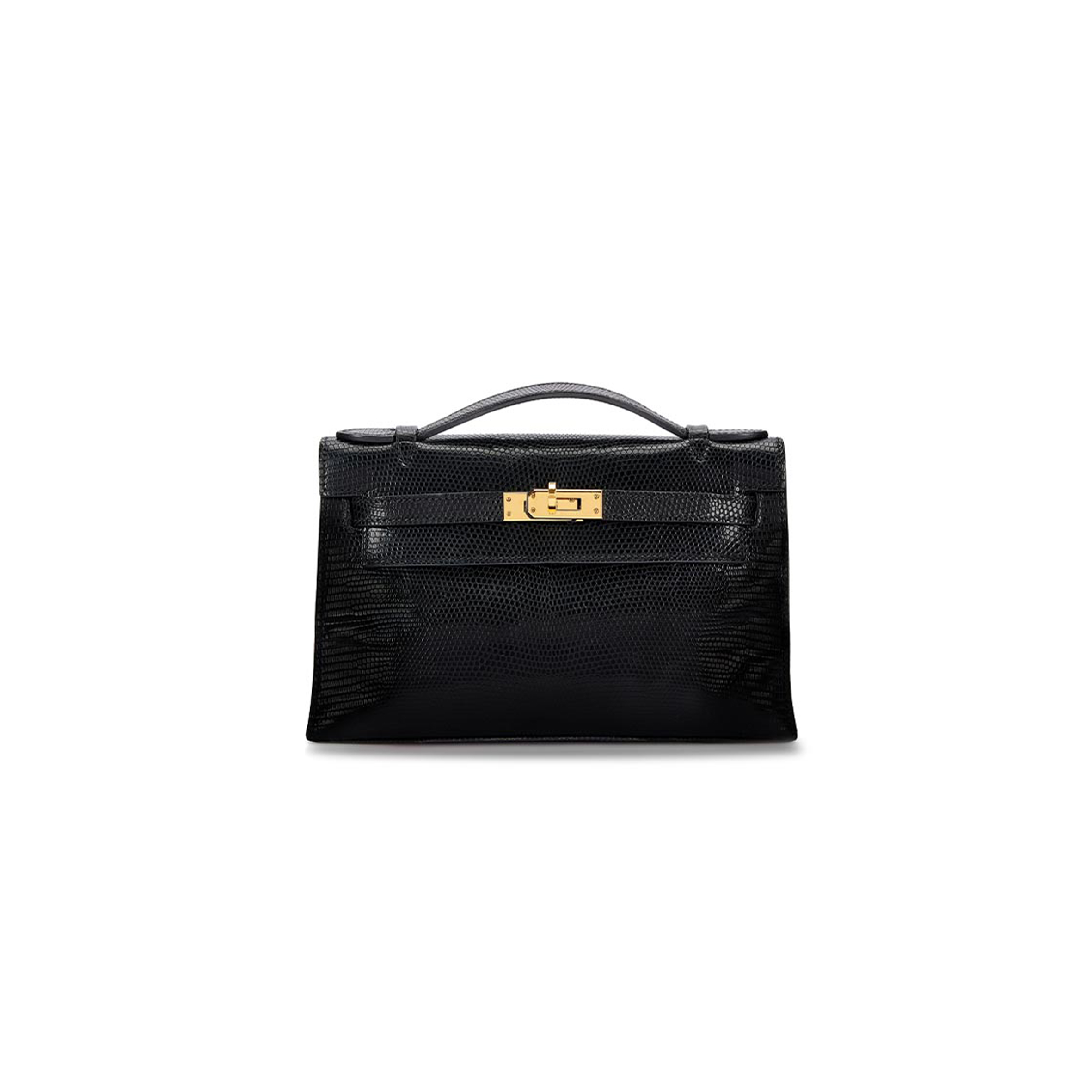 HERMÈS MASTER BLACK SHINY NILOTICUS LIZARD KELLY POCHETTE GOLD HARDWARE (22*14*7cm)